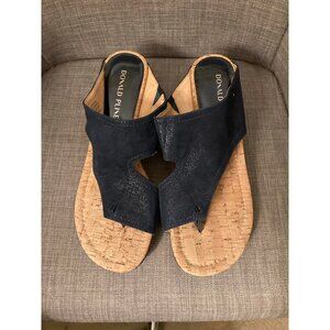 Donald Pliner Myrtle60 Navy Distressed Metallic Leather Wedge Sandals Size 9 1/2